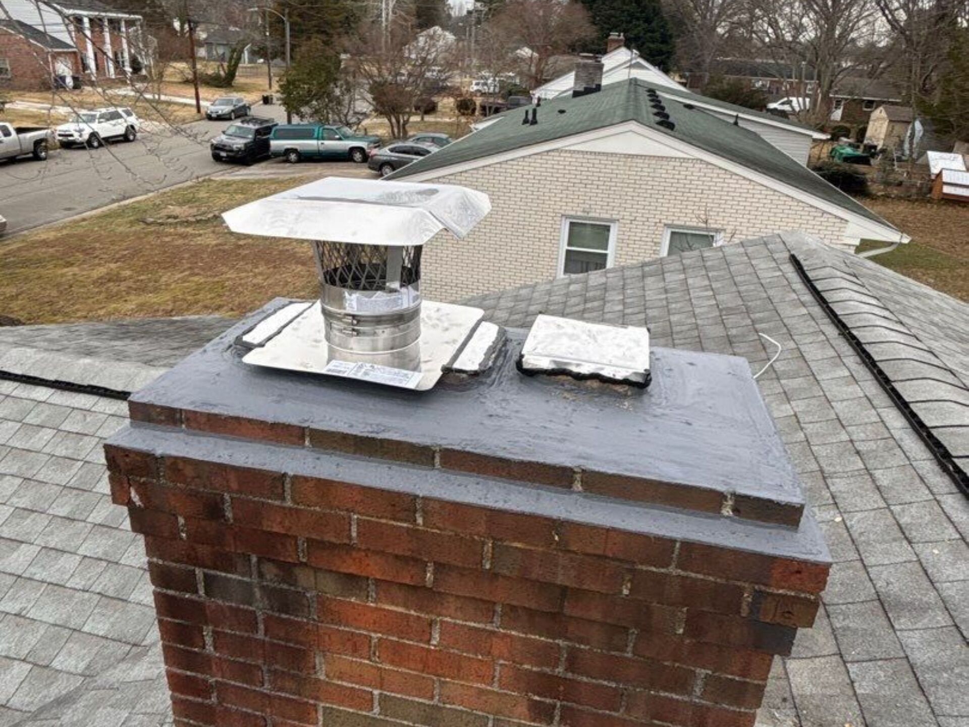 Crown repaired, drip edge fixed, flue capped