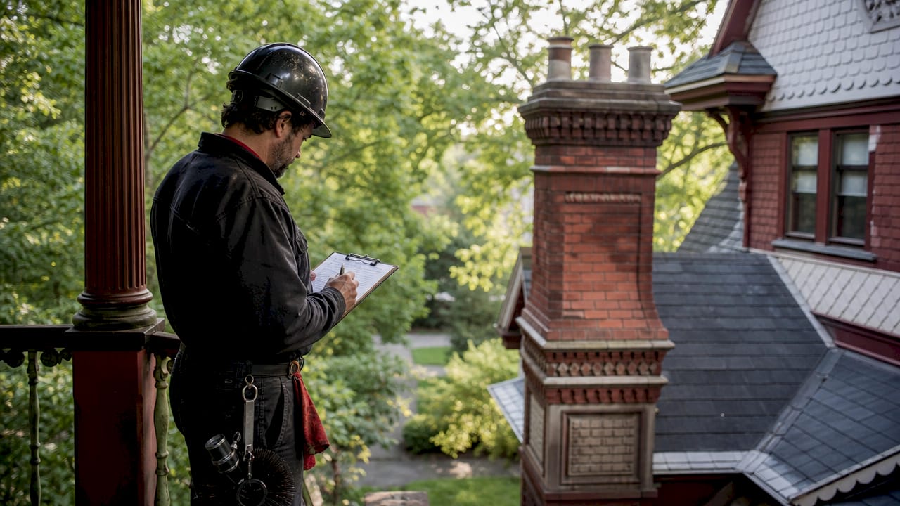 Chimney inspector examining chimney exterior