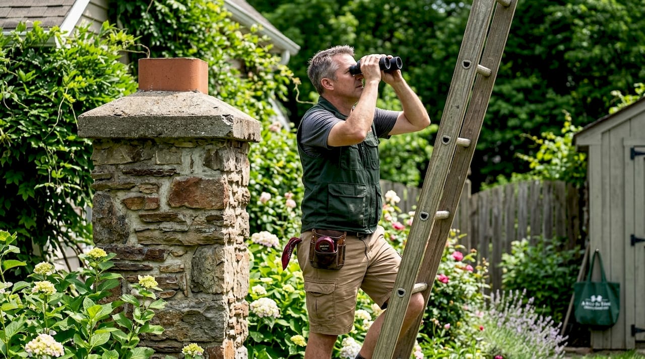 Man inspecting brick chimney with binoculars